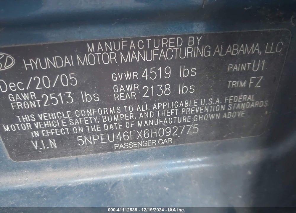 2006 HYUNDAI SONATA GLS V6/LX V6 VIN: 5NPEU46FX6H092775