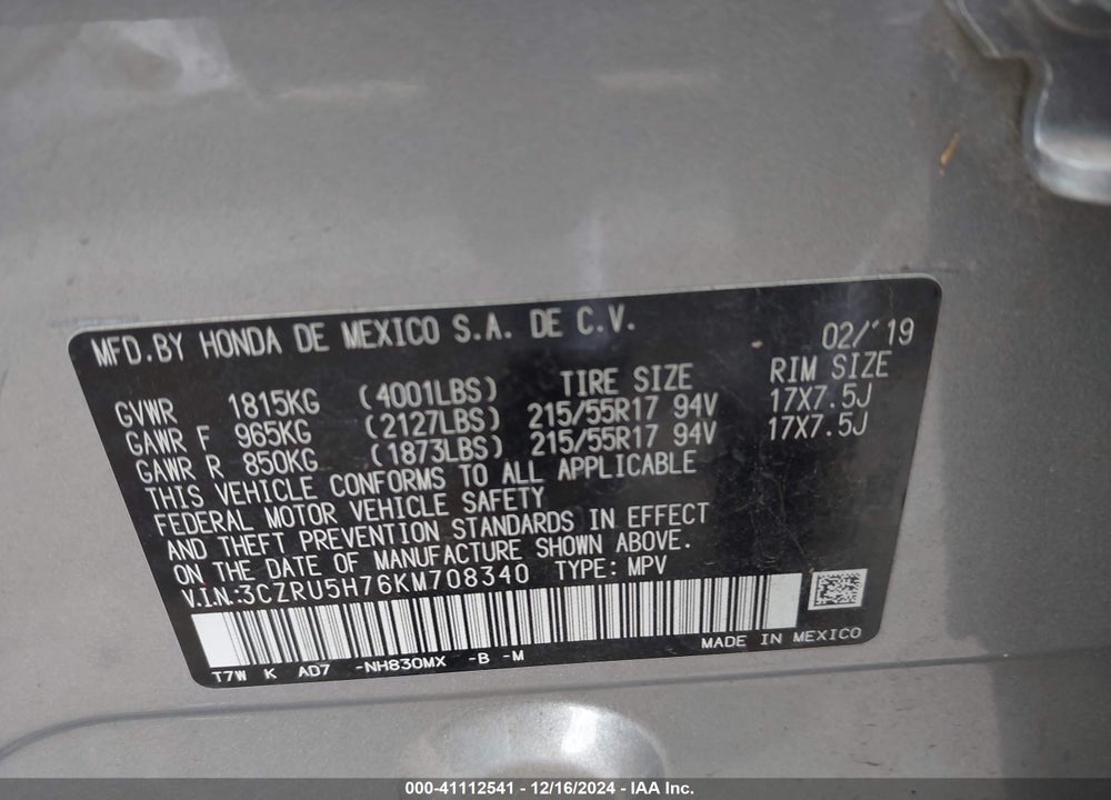 2019 HONDA HR-V VIN: 3CZRU5H76KM708340