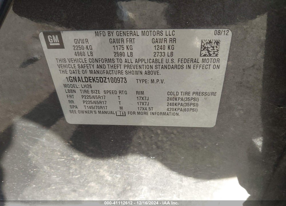 2013 CHEVROLET EQUINOX 1LT VIN: 1GNALDEK5DZ100973