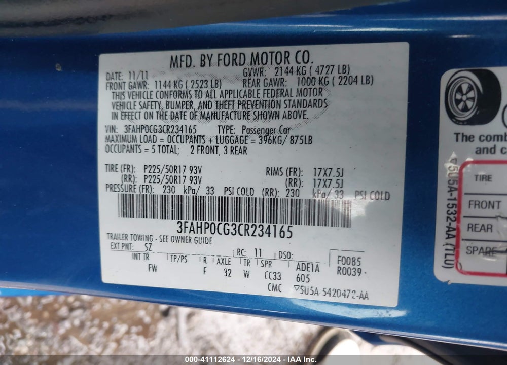 2012 FORD FUSION SEL VIN: 3FAHP0CG3CR234165