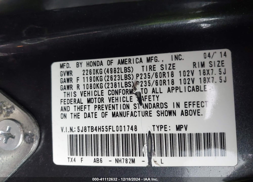 2015 ACURA RDX VIN: 5J8TB4H55FL001748