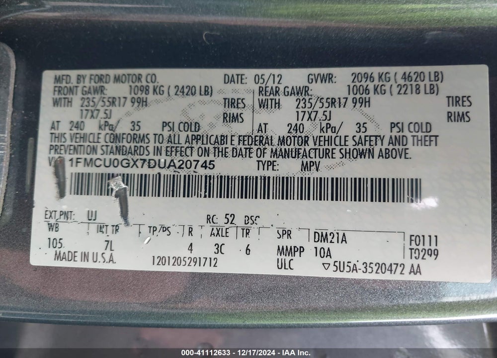 2013 FORD ESCAPE SE VIN: 1FMCU0GX7DUA20745