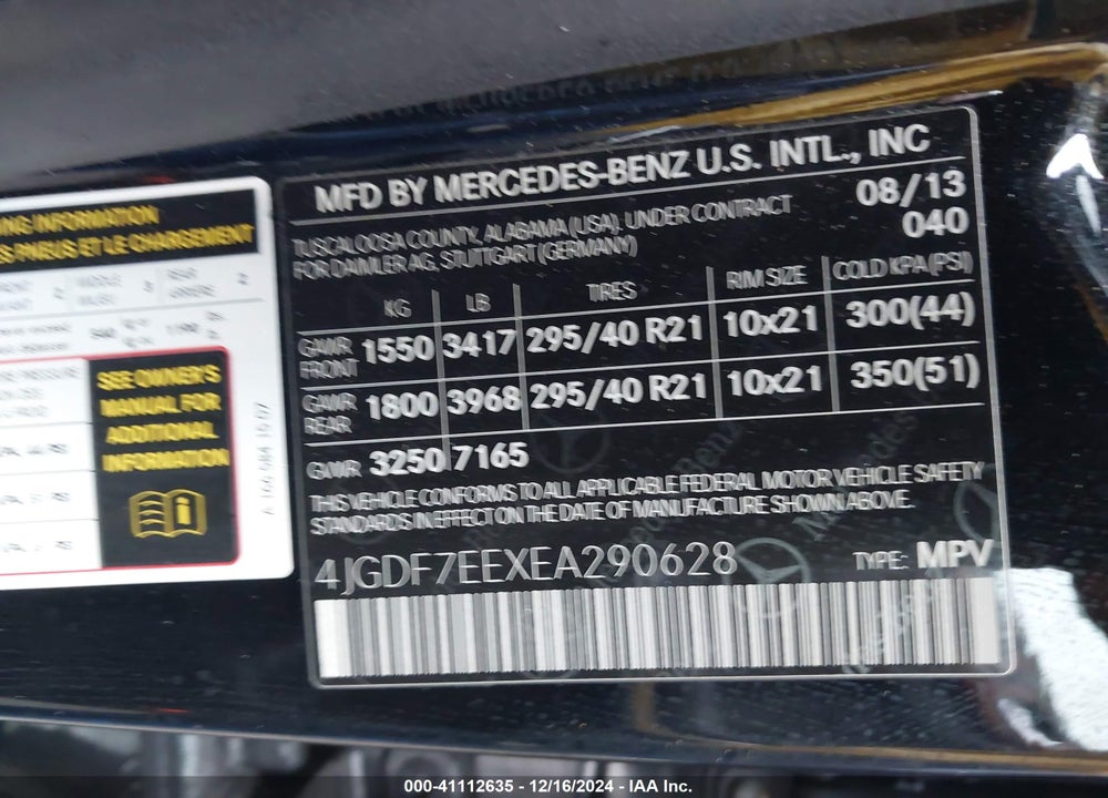2014 MERCEDES-BENZ GL 63 AMG 4MATIC VIN: 4JGDF7EEXEA290628