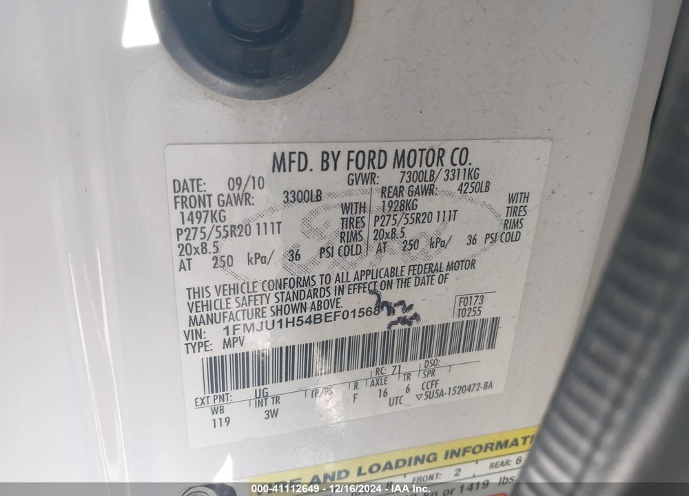 2011 FORD EXPEDITION XLT VIN: 1FMJU1H54BEF01568