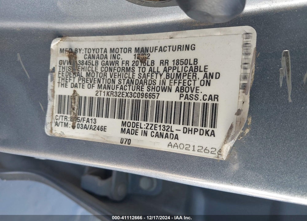 2003 TOYOTA MATRIX STANDARD VIN: 2T1KR32EX3C096657