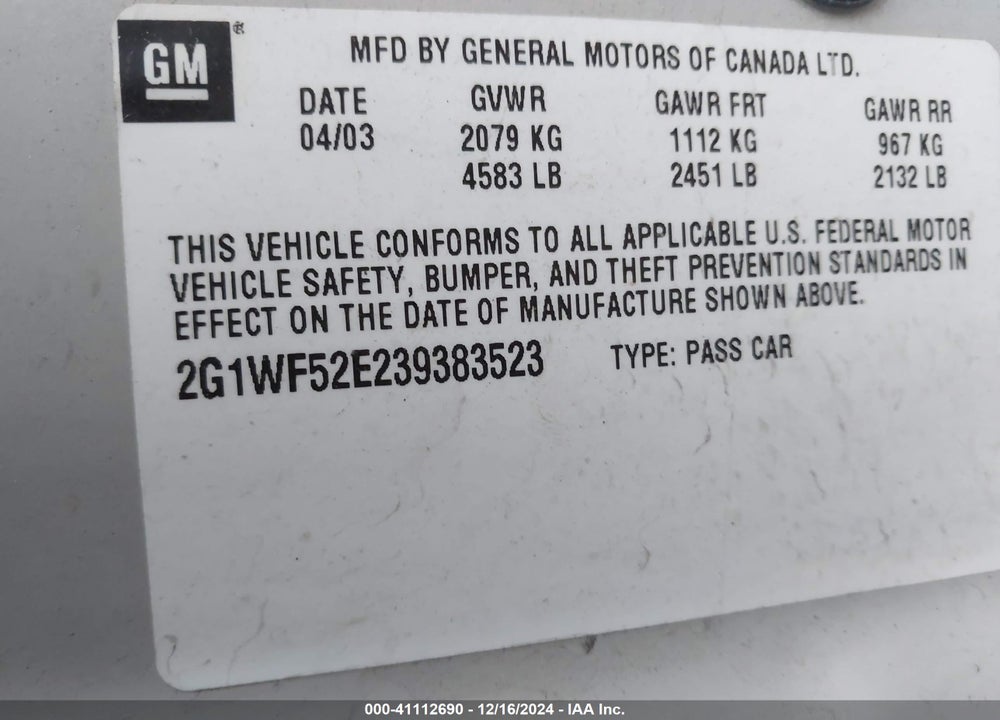 2003 CHEVROLET IMPALA VIN: 2G1WF52E239383523