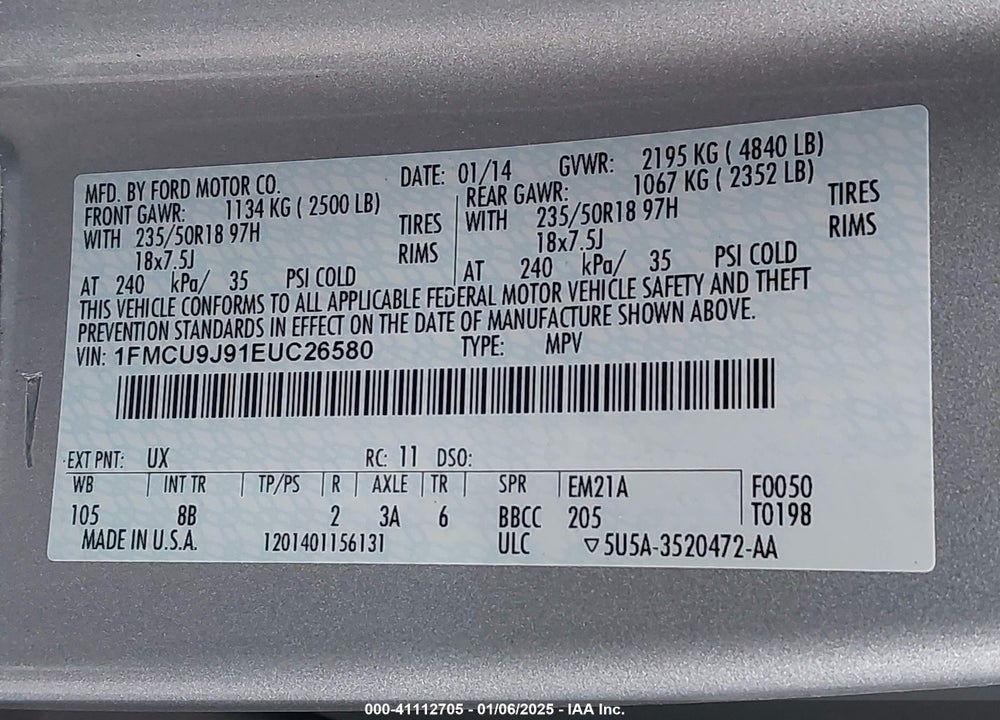 2014 FORD ESCAPE TITANIUM VIN: 1FMCU9J91EUC26580