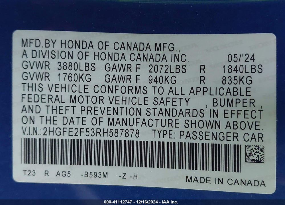 2024 HONDA CIVIC SPORT VIN: 2HGFE2F53RH587878