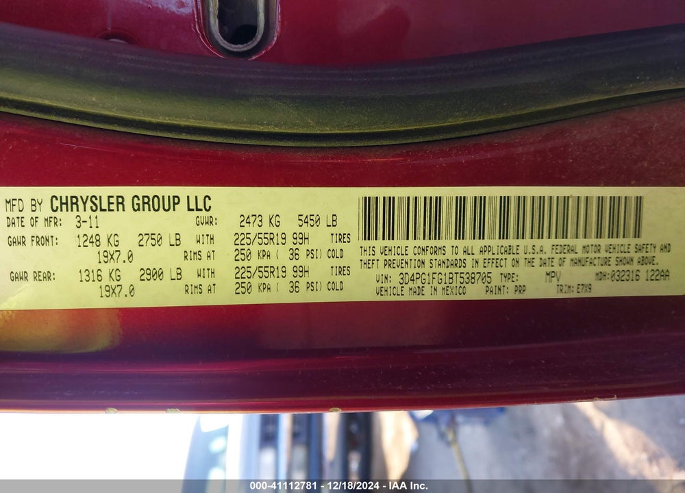 2011 DODGE JOURNEY MAINSTREET VIN: 3D4PG1FG1BT538705