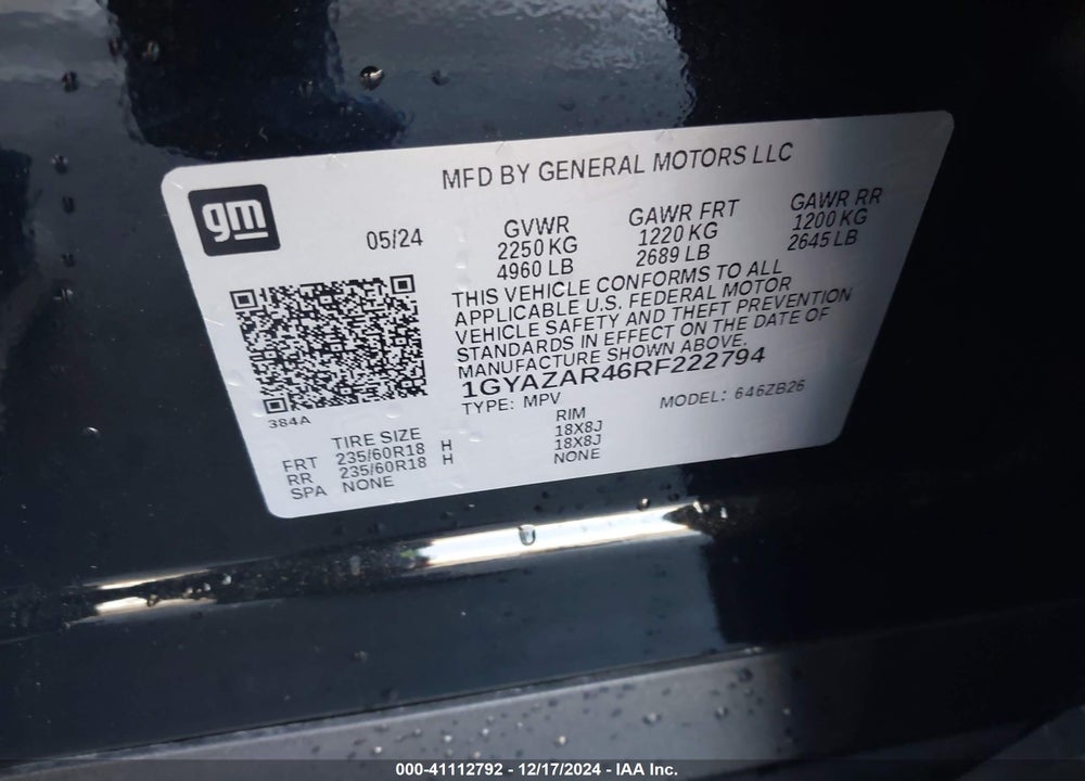 2024 CADILLAC XT4 VIN: 1GYAZAR46RF222794
