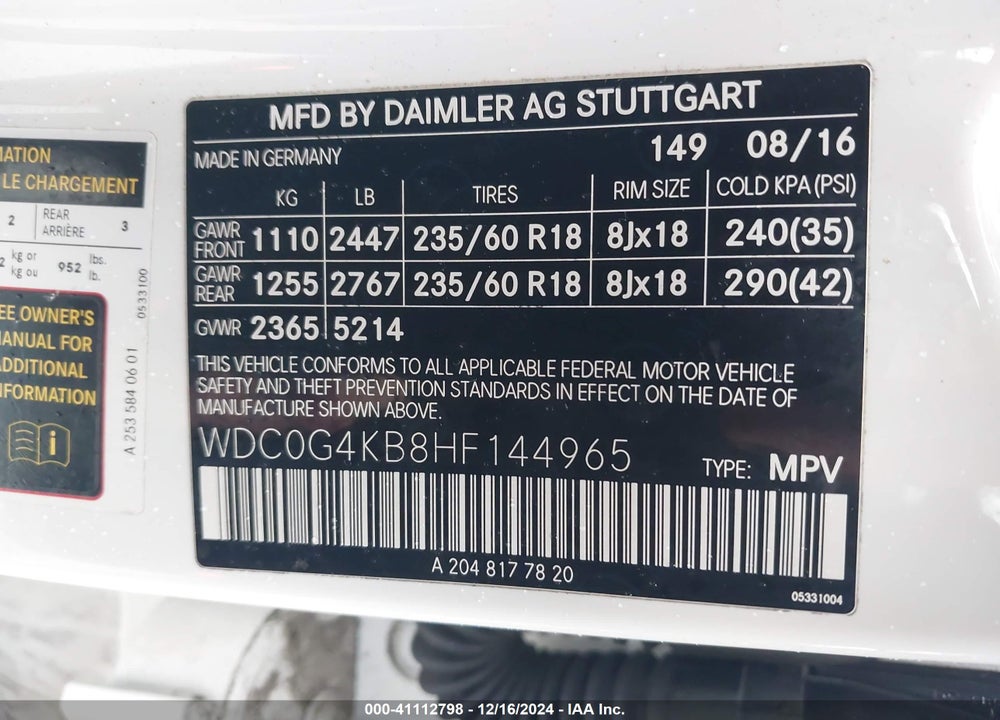 2017 MERCEDES-BENZ GLC 300 4MATIC VIN: WDC0G4KB8HF144965