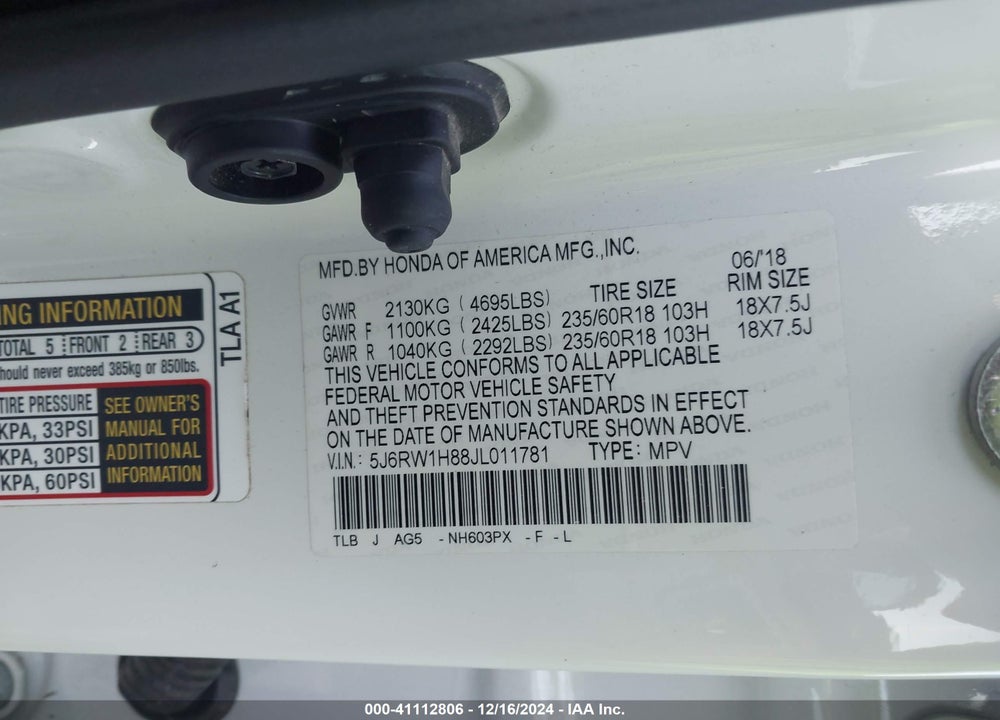 2018 HONDA CR-V EX-L/EX-L NAVI VIN: 5J6RW1H88JL011781