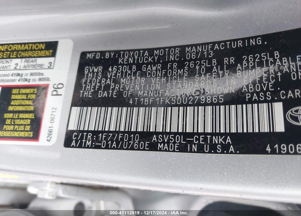 2013 TOYOTA CAMRY LE VIN: 4T1BF1FK5DU279865
