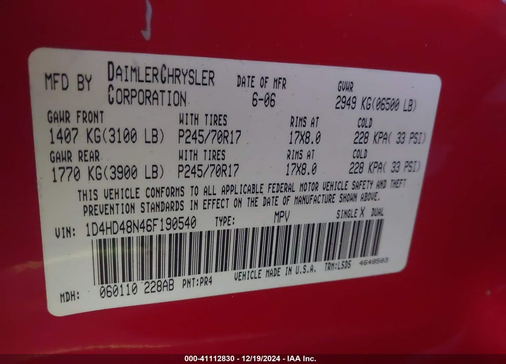 2006 DODGE DURANGO SLT VIN: 1D4HD48N46F190540