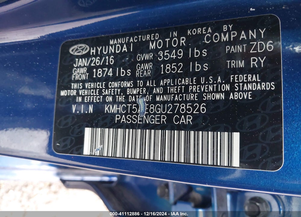 2016 HYUNDAI ACCENT VIN: KMHCT5AE8GU278526