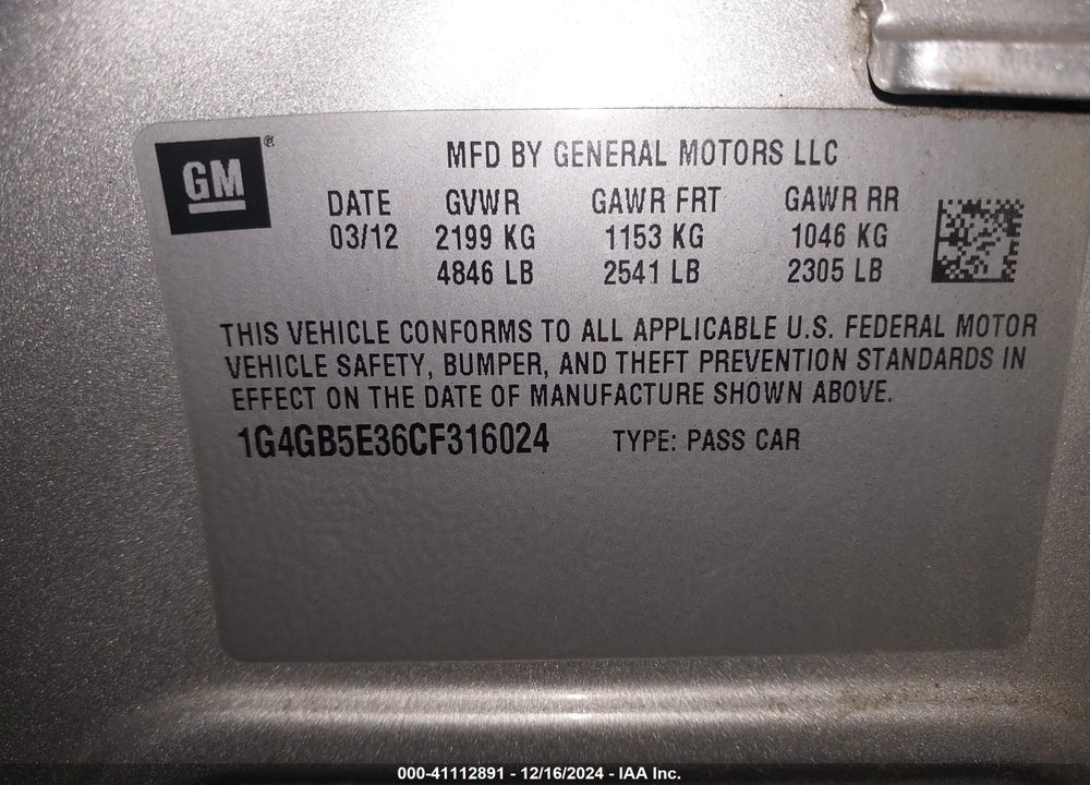 2012 BUICK LACROSSE CONVENIENCE GROUP VIN: 1G4GB5E36CF316024