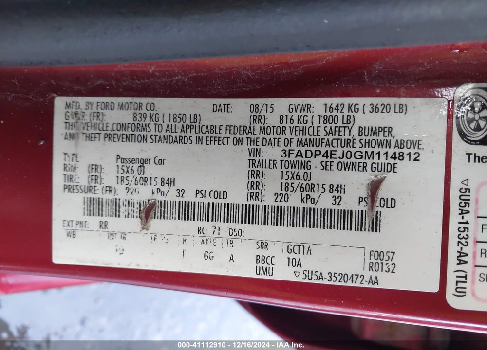 2016 FORD FIESTA VIN: 3FADP4EJ0GM114812