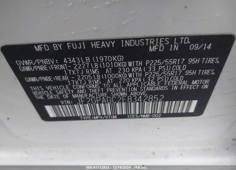 2014 SUBARU XV CROSSTREK 2.0I LIMITED VIN: JF2GPAGC2E8342852