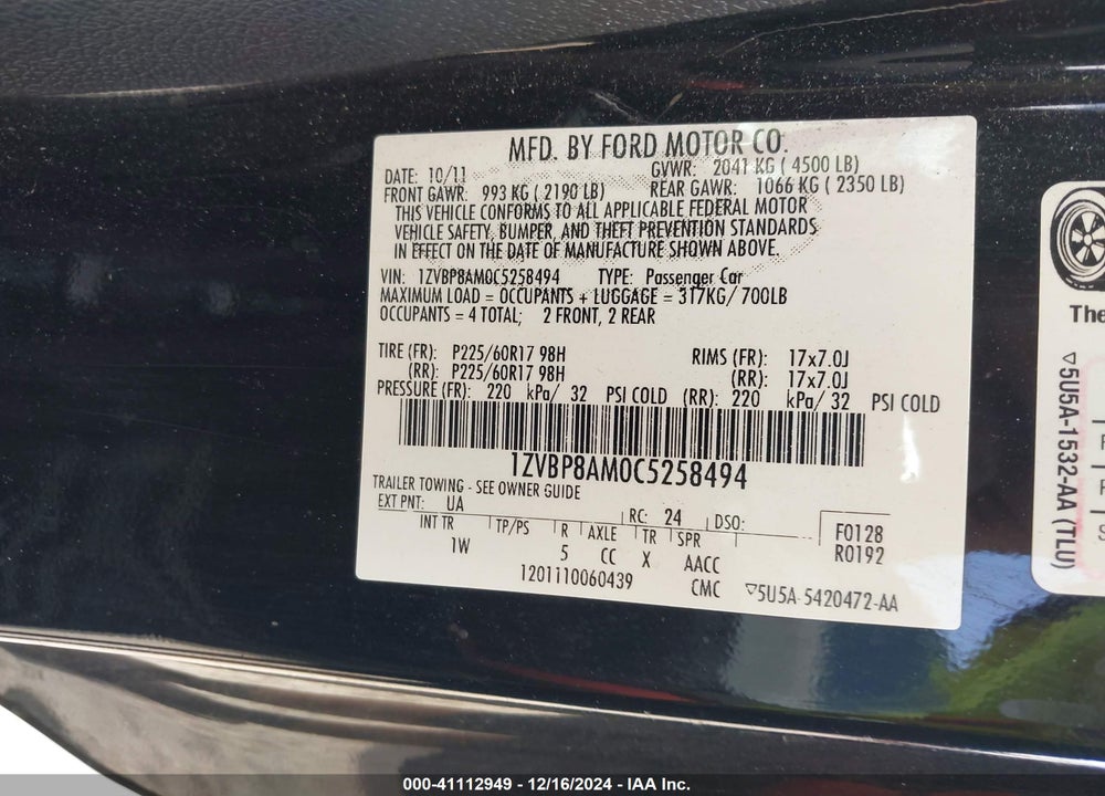 2012 FORD MUSTANG V6 VIN: 1ZVBP8AM0C5258494