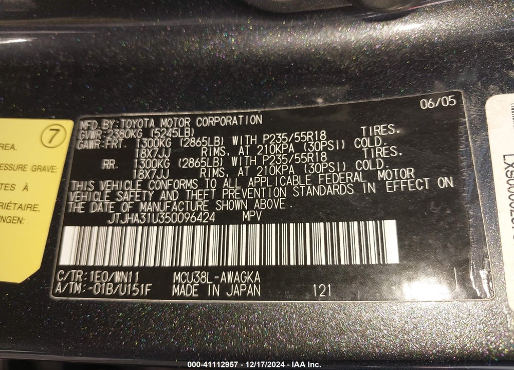 2005 LEXUS RX 330 BASE (A5) VIN: JTJHA31U350096424
