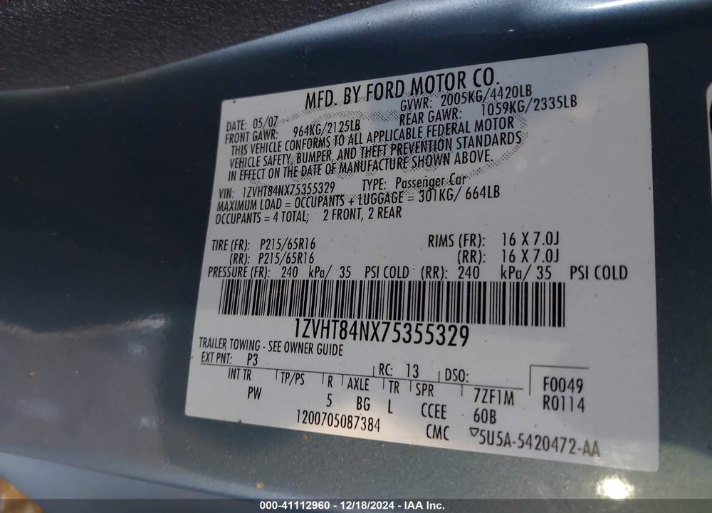 2007 FORD MUSTANG VIN: 1ZVHT84NX75355329