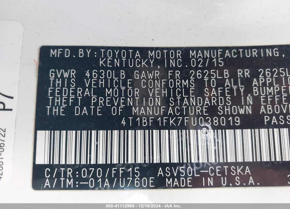 2015 TOYOTA CAMRY SE VIN: 4T1BF1FK7FU038019