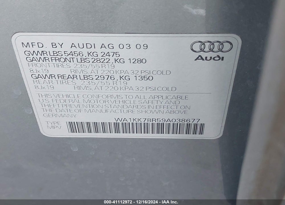 2009 AUDI Q5 3.2 PREMIUM VIN: WA1KK78R59A038677