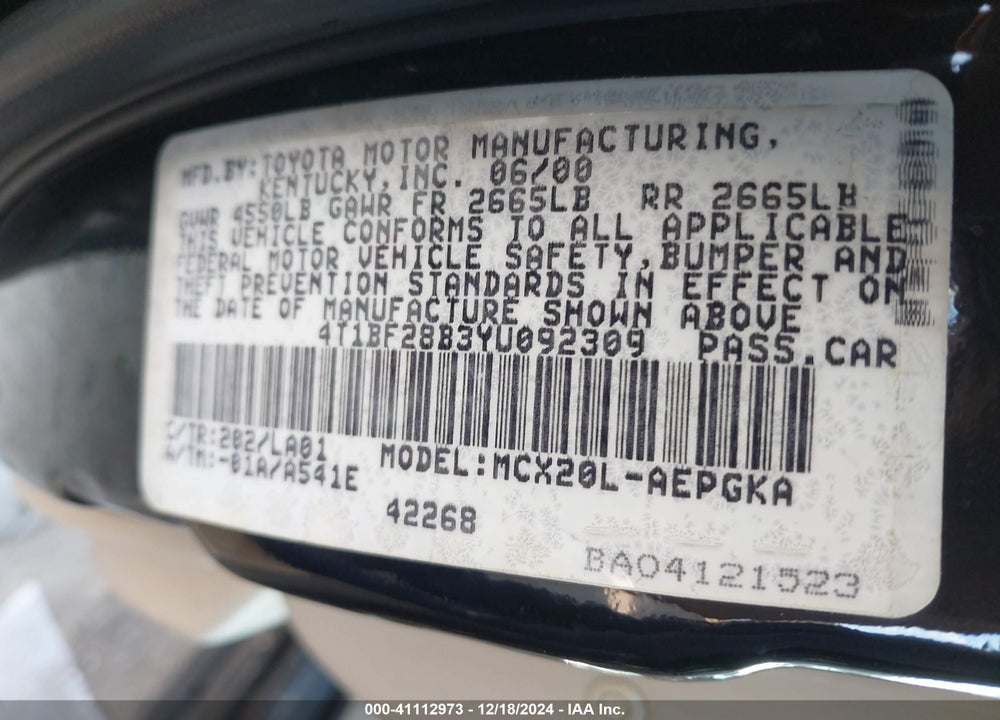 2000 TOYOTA AVALON XLS VIN: 4T1BF28B3YU092309