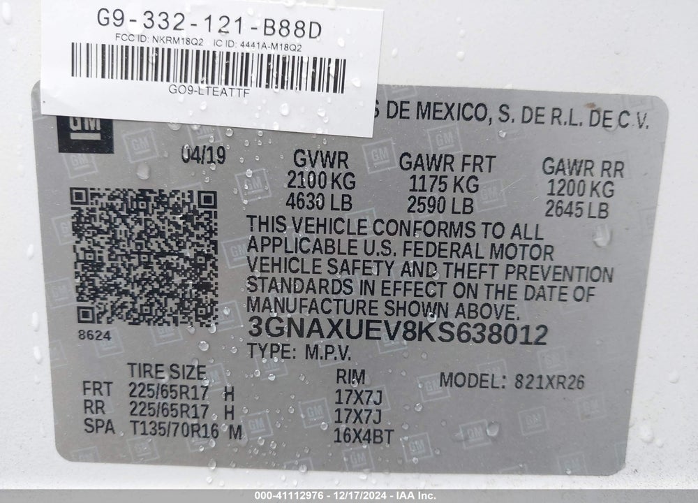 2019 CHEVROLET EQUINOX VIN: 3GNAXUEV8KS638012