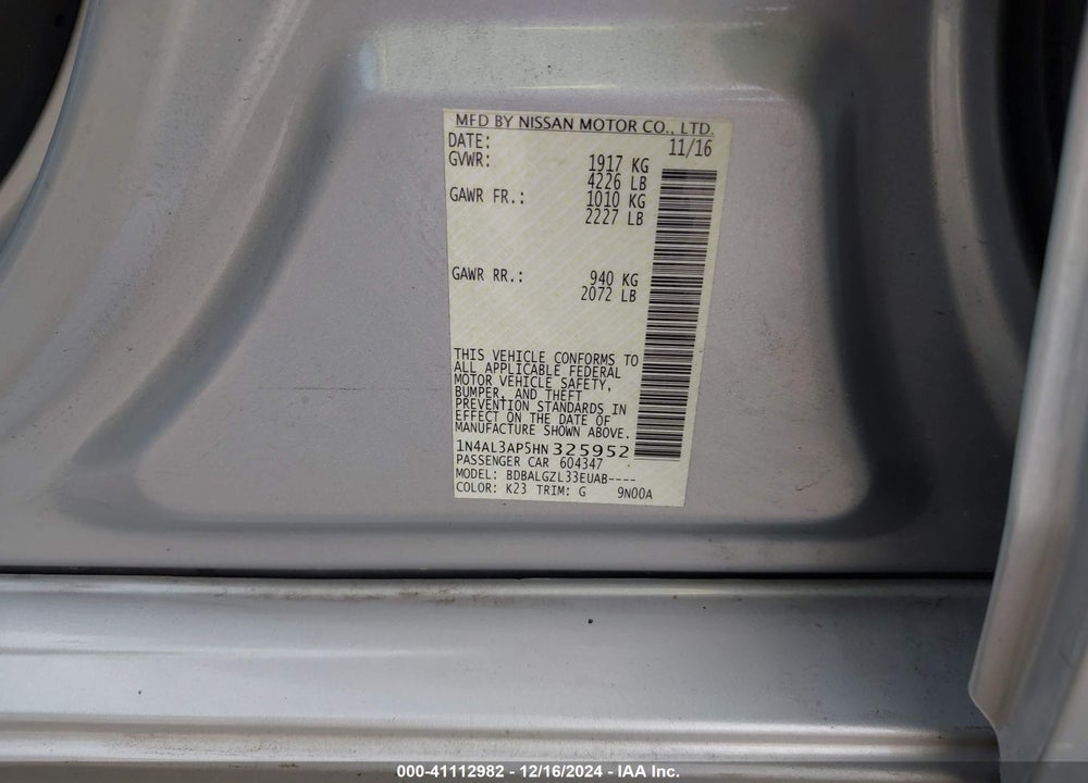 2017 NISSAN ALTIMA VIN: 1N4AL3AP5HN325952