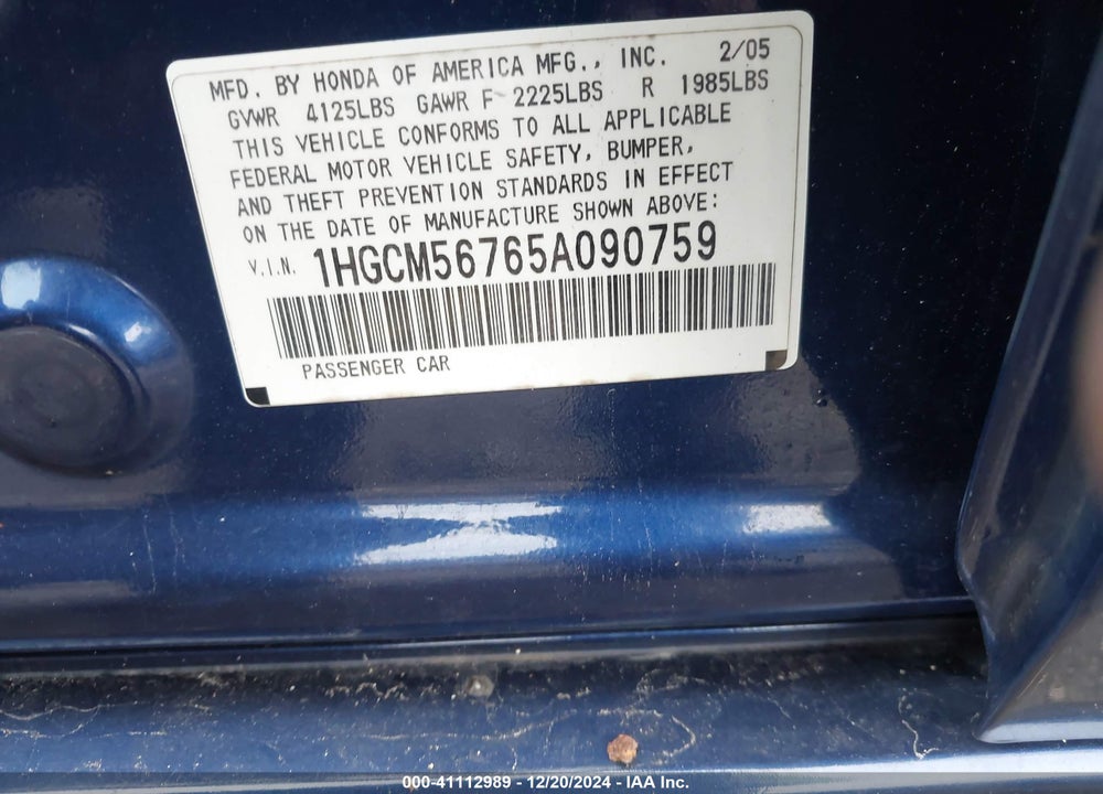 2005 HONDA ACCORD 2.4 EX VIN: 1HGCM56765A090759