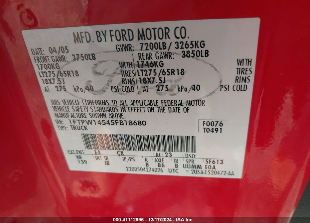 2005 FORD F-150 FX4/LARIAT/XLT VIN: 1FTPW14545FB18680