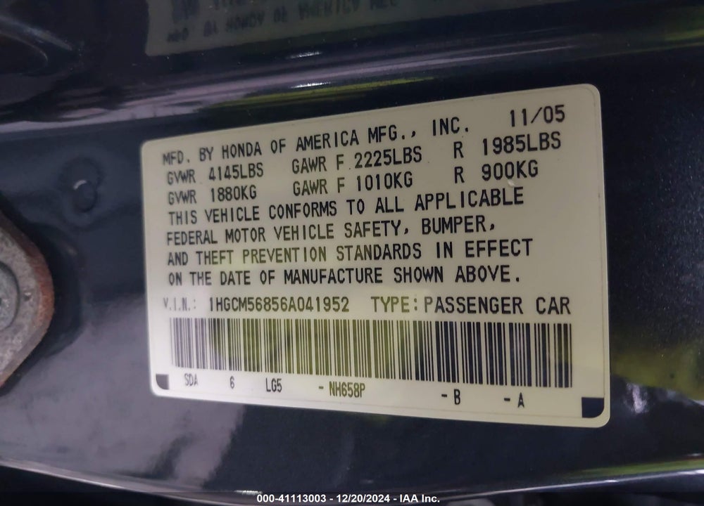 2006 HONDA ACCORD 2.4 EX VIN: 1HGCM56856A041952