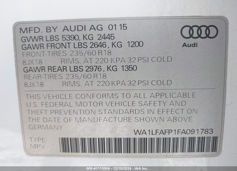 2015 AUDI Q5 2.0T PREMIUM VIN: WA1LFAFP1FA091783