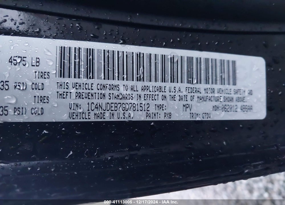 2016 JEEP COMPASS LATITUDE VIN: 1C4NJDEB7GD781512