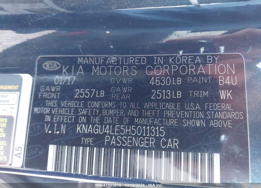 2017 KIA OPTIMA VIN: KNAGU4LE5H5011315