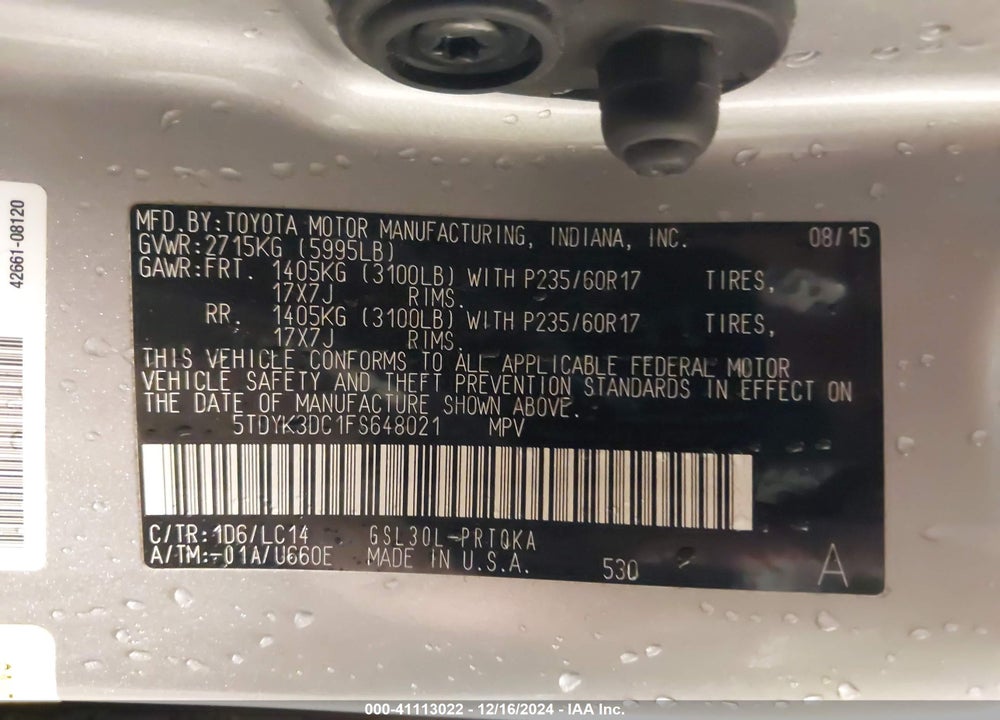 2015 TOYOTA SIENNA XLE LIMITED VIN: 5TDYK3DC1FS648021