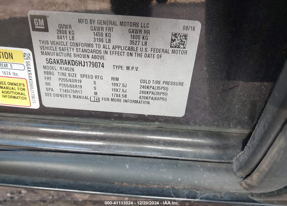 2017 BUICK ENCLAVE CONVENIENCE VIN: 5GAKRAKD6HJ179074