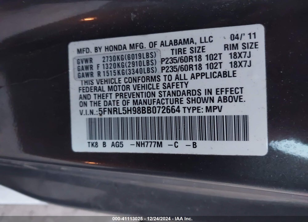 2011 HONDA ODYSSEY TOURING/TOURING ELITE VIN: 5FNRL5H98BB072664