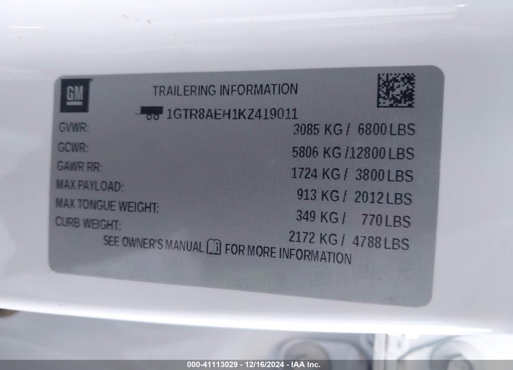 2019 GMC SIERRA 1500 VIN: 1GTR8AEH1KZ419011