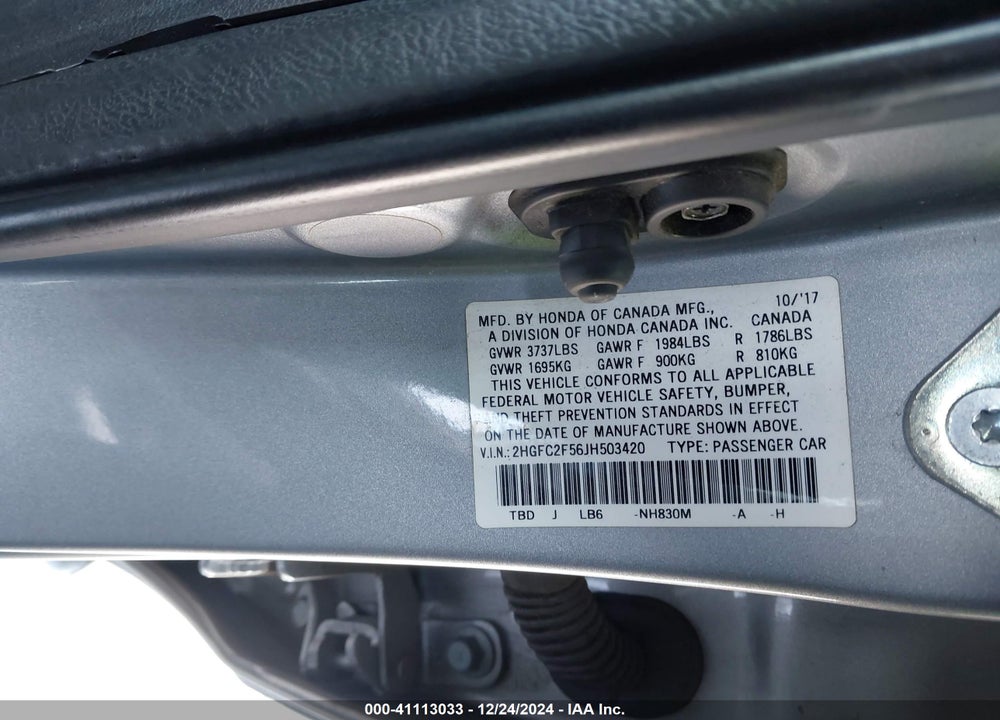 2018 HONDA CIVIC VIN: 2HGFC2F56JH503420