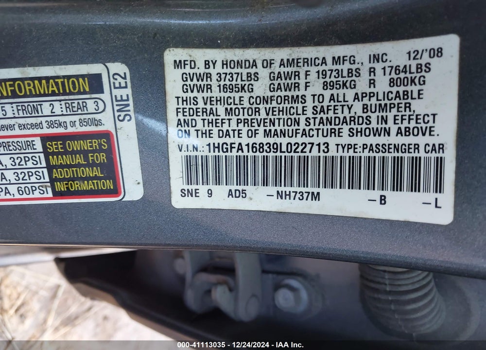 2009 HONDA CIVIC EX VIN: 1HGFA16839L022713