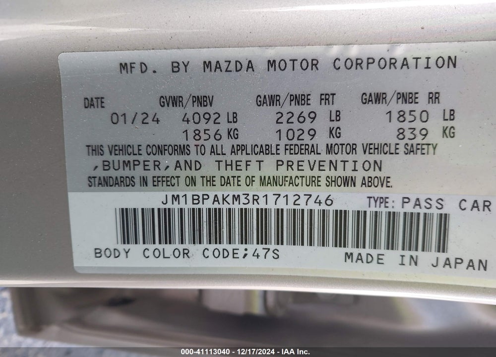 2024 MAZDA 3 2.5 S SELECT SPORT VIN: JM1BPAKM3R1712746