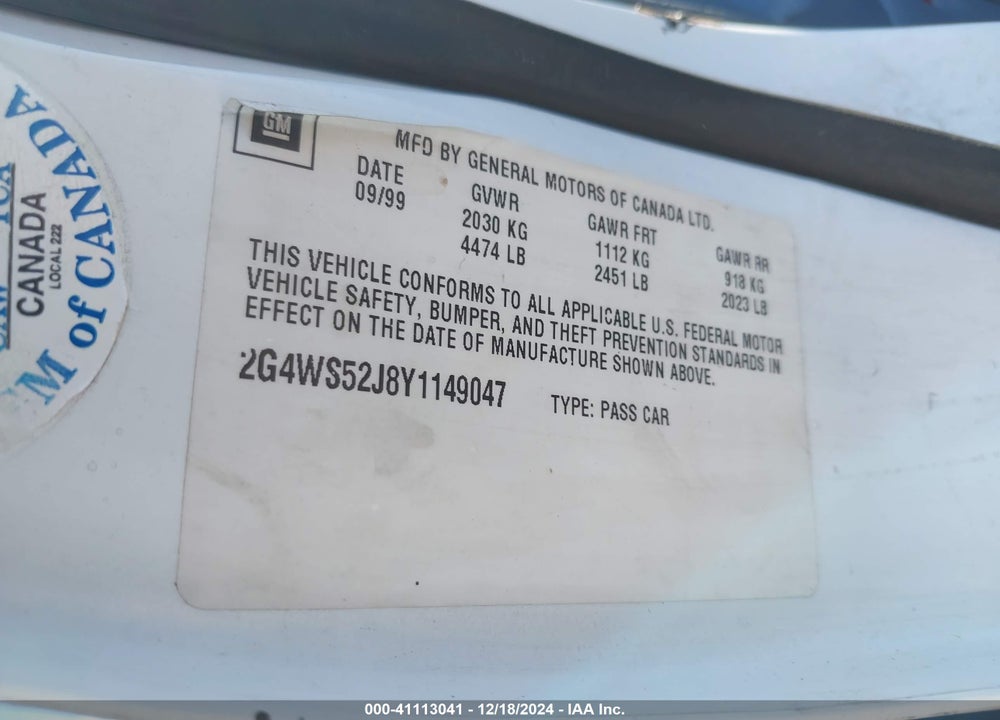2000 BUICK CENTURY CUSTOM VIN: 2G4WS52J8Y1149047