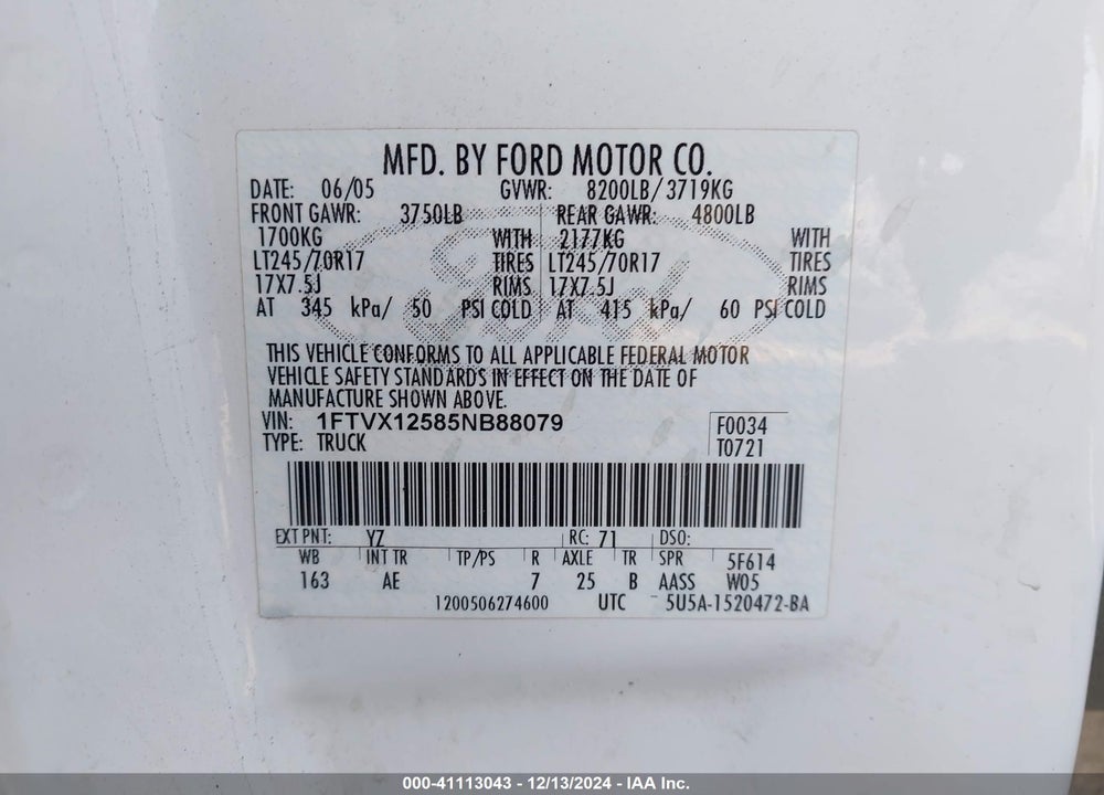 2005 FORD F-150 LARIAT/XL/XLT VIN: 1FTVX12585NB88079