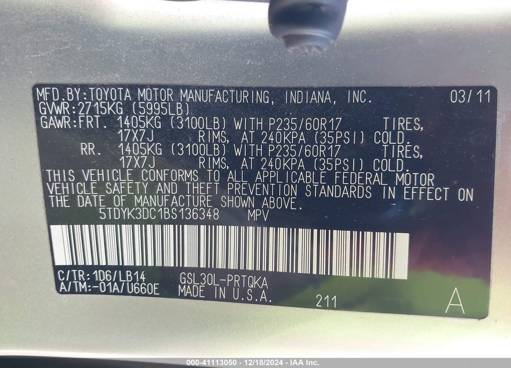 2011 TOYOTA SIENNA XLE V6 VIN: 5TDYK3DC1BS136348