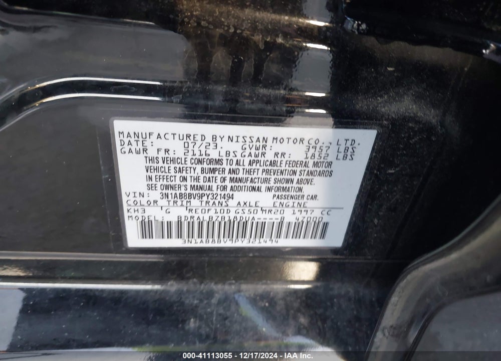 2023 NISSAN SENTRA VIN: 3N1AB8BV9PY321494