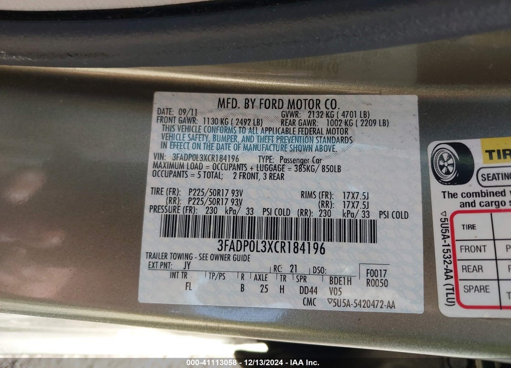 2012 FORD FUSION HYBRID VIN: 3FADP0L3XCR184196