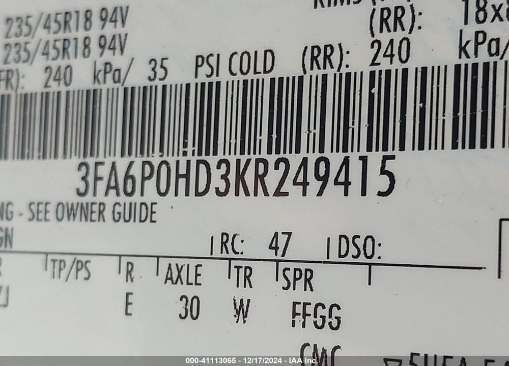 2019 FORD FUSION VIN: 3FA6P0HD3KR249415