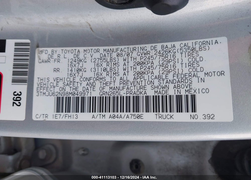 2008 TOYOTA TACOMA PRERUNNER V6 VIN: 3TMJU62N98M049971